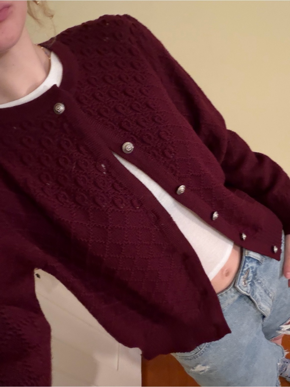 Vintage European Women’s Textured Button-Front Cardigan Sweater - Deep Burgundy